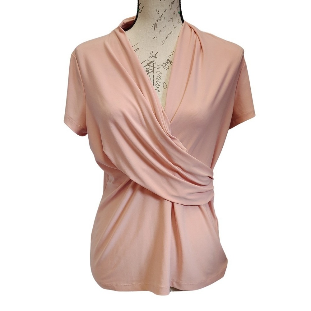 DKNY Blush Pink Draped Surplice Wrap Top V-Neck‎ Short Sleeve PL Office Siren